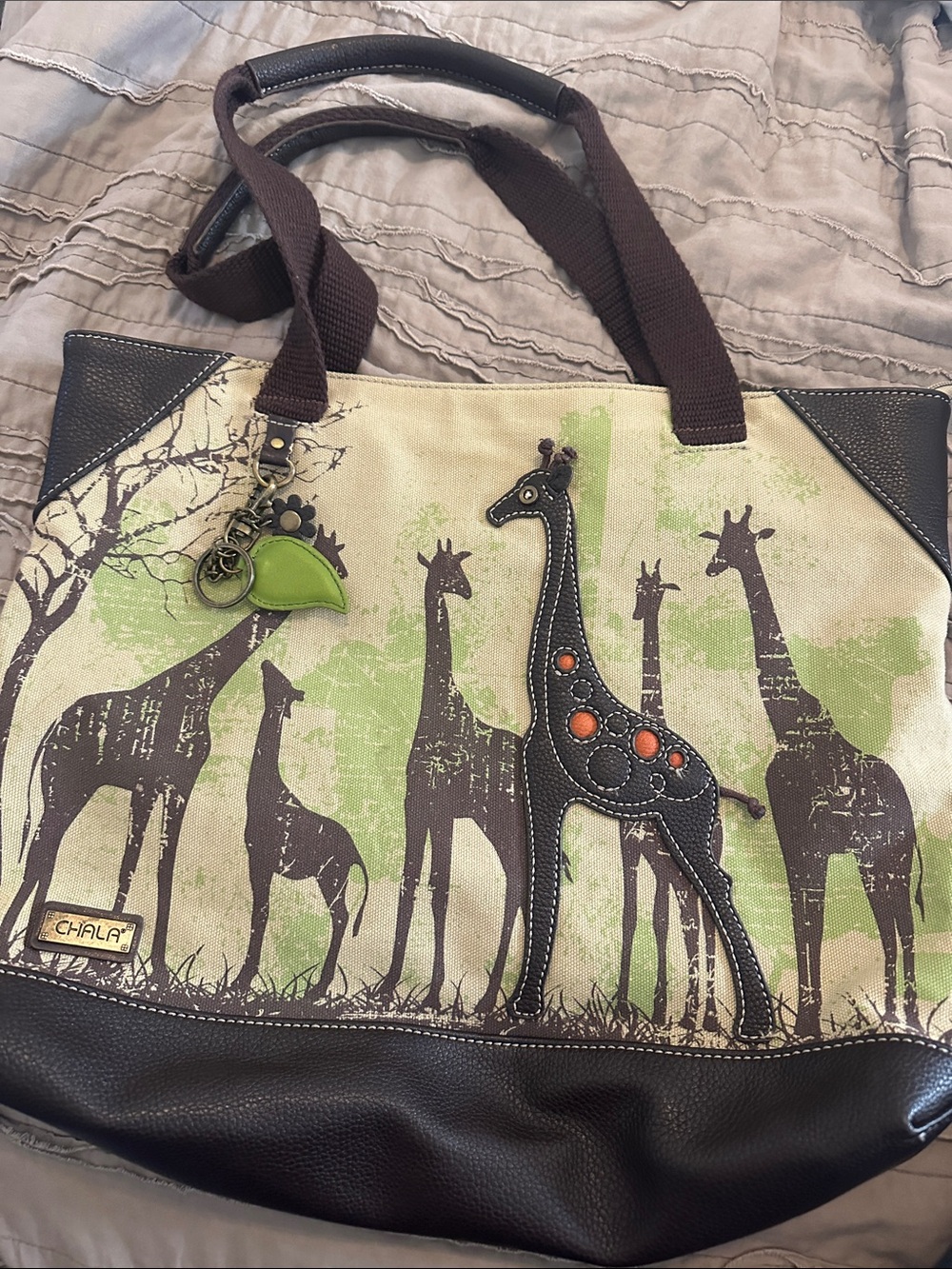 Chala Green and Brown Giraffe Canvas Tote with Charm